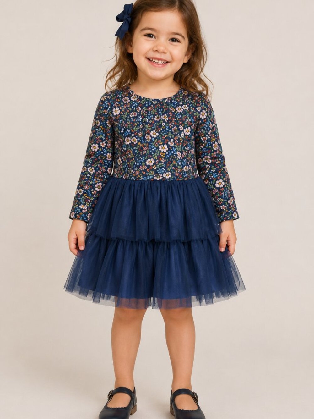 Mini Boden Floral Cottagecore Tiered Tulle Dress Girls Navy Party Dress
